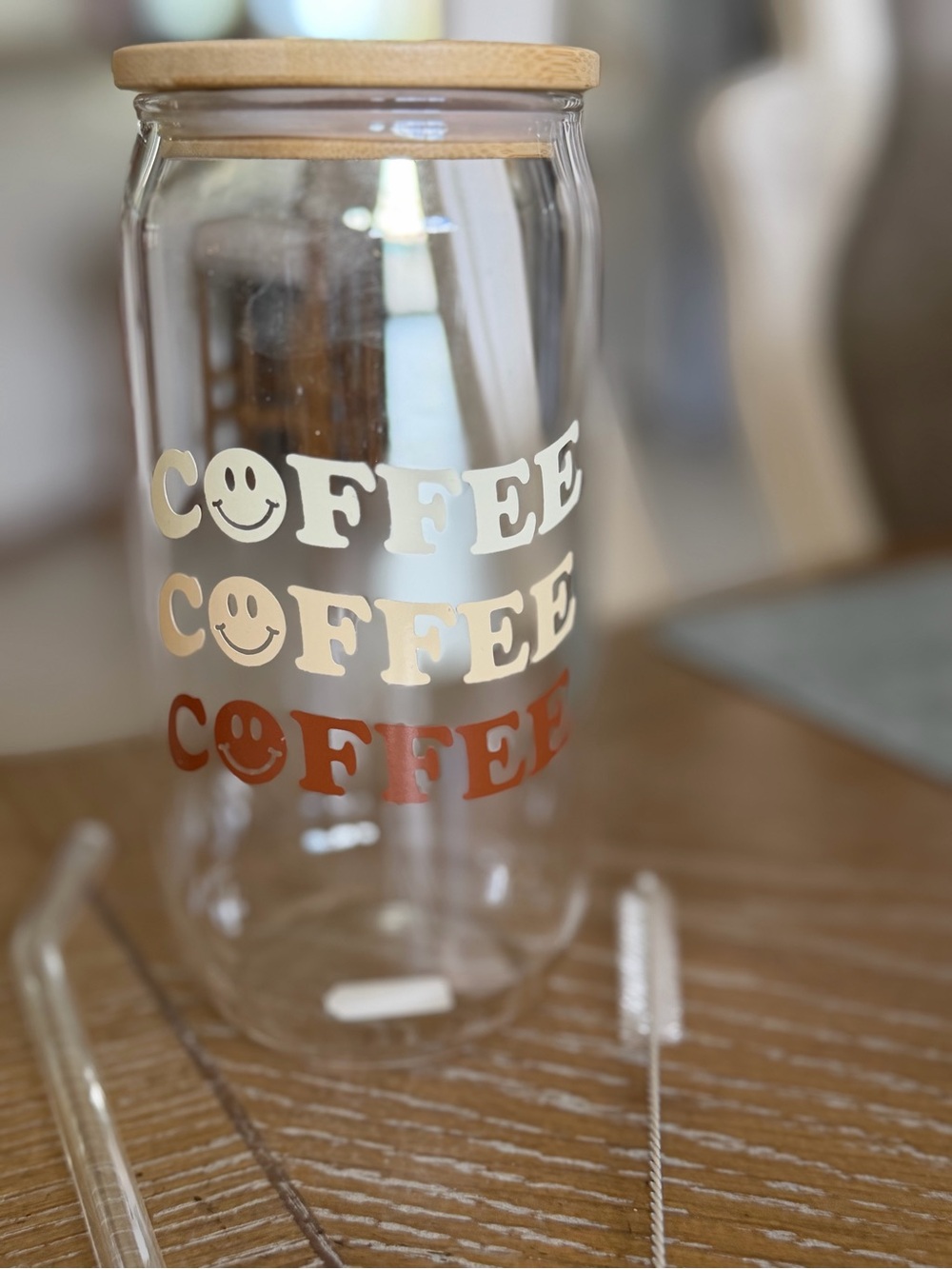 Coffee Smiley Glass Travel Cup with Bamboo Lid and glass straw Brown